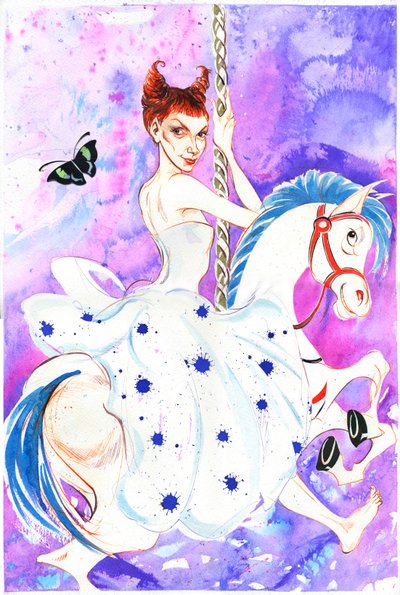 Patricia Petibon - caricature of the French opera singer on a carousel horse by Neale Osborne